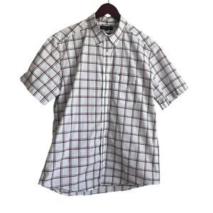 Tommy Hilfiger Mens Shirt L Red‎ Blue Plaid Button Poplin Preppy Office Travel
